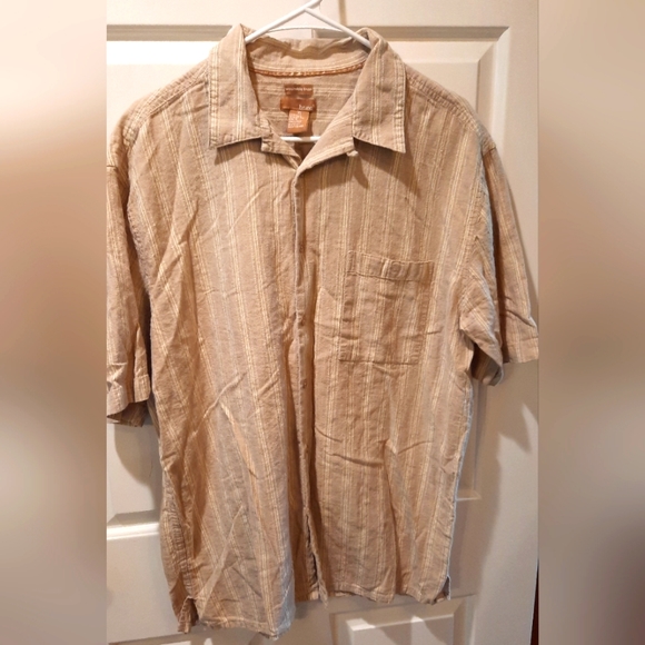 Bruno Tan/Cream Linen Blend Striped Button Down Shirt size XL - Picture 1 of 6